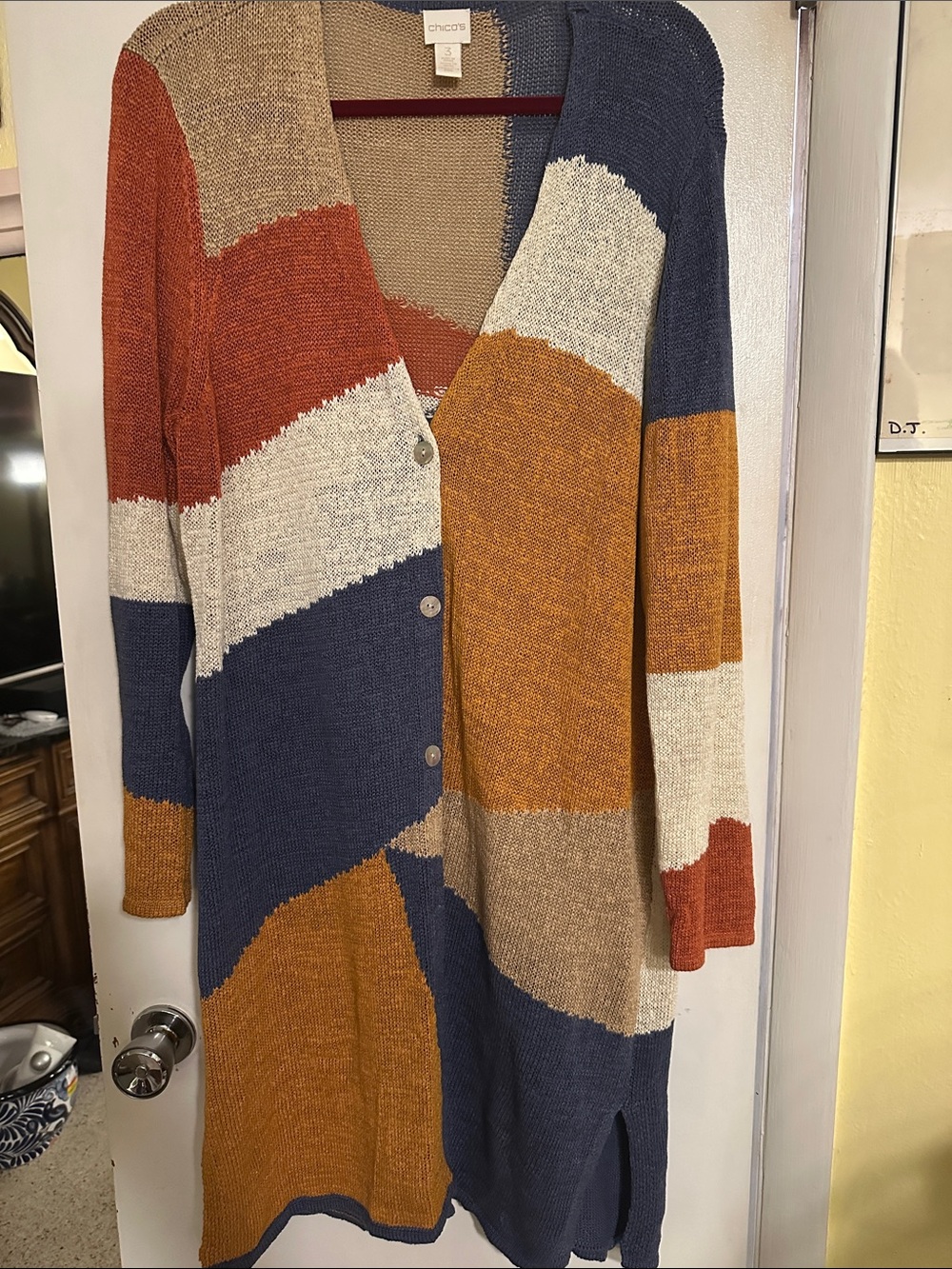 Chico's Longline Colorblock Cardigan in Rust, Mustard, Cream